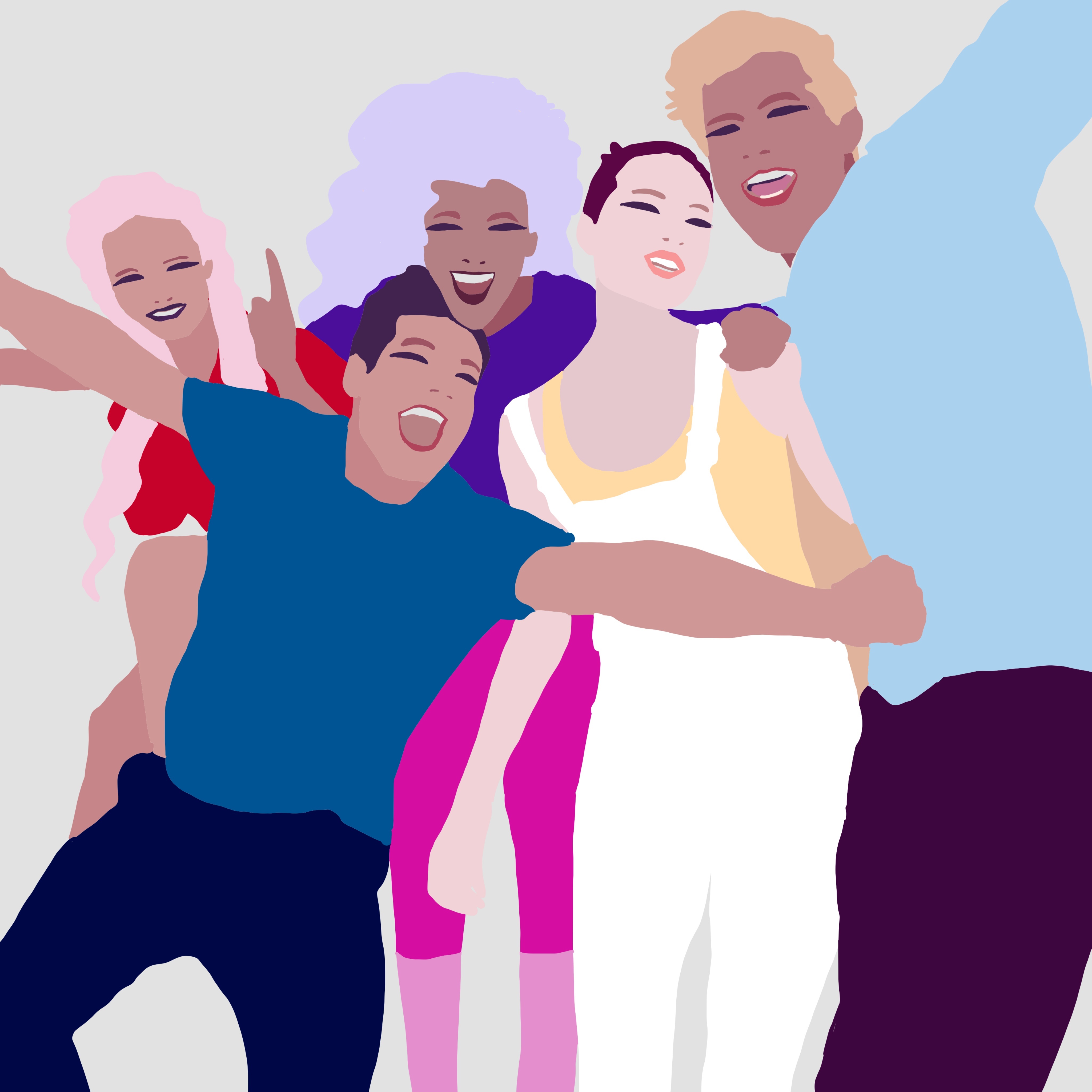 Illustration group of students people from different race partying and making selfie. Portrait of smiling young friends walking outdoors together. Biracial interracial friends having fun at festival